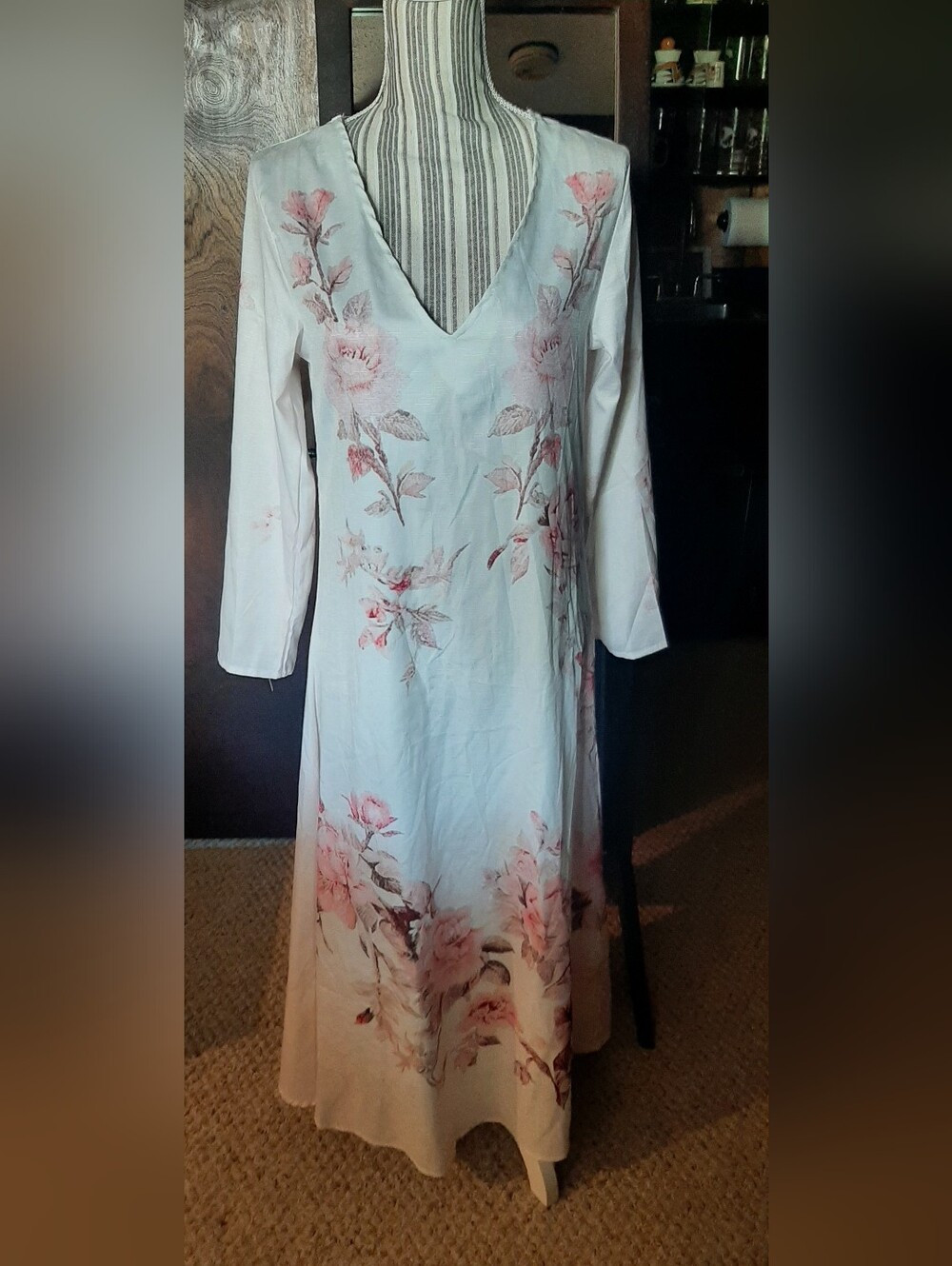 Floral V-Neck Long Sleeve Cotton Dress -  with Pink Floral